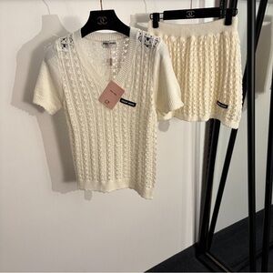 Miu Miu Lace Knit Set V Neck Top Skirt Elegant